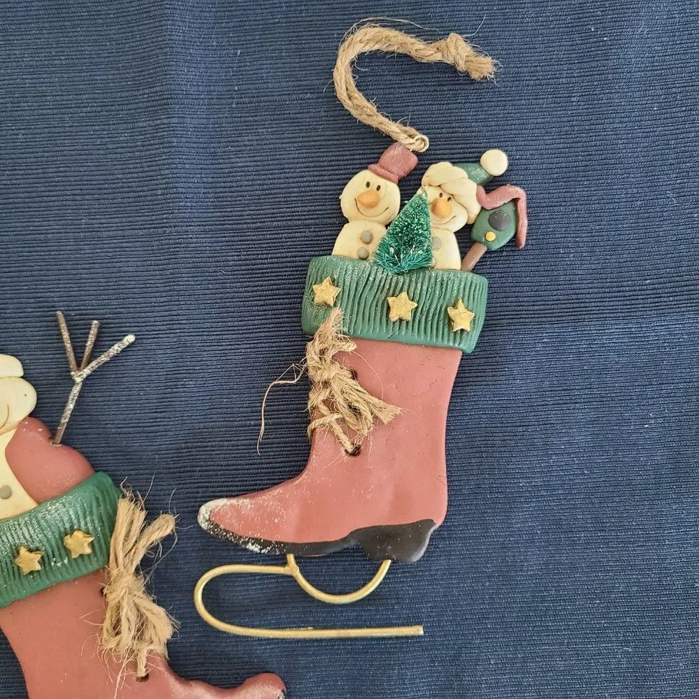 Vintage Winter Ice Skates With Snowman Christmas Ornaments Set of Two
